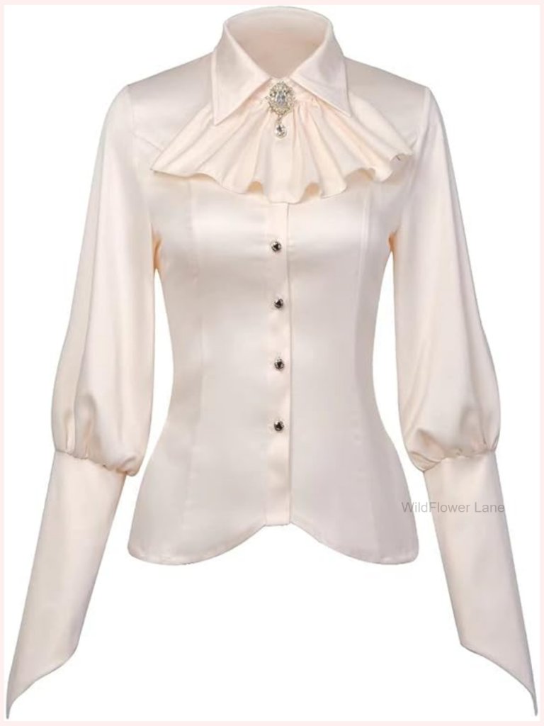 Vintage Brooch Ruffled Long Sleeve Blouse Women's Elegant Shirt